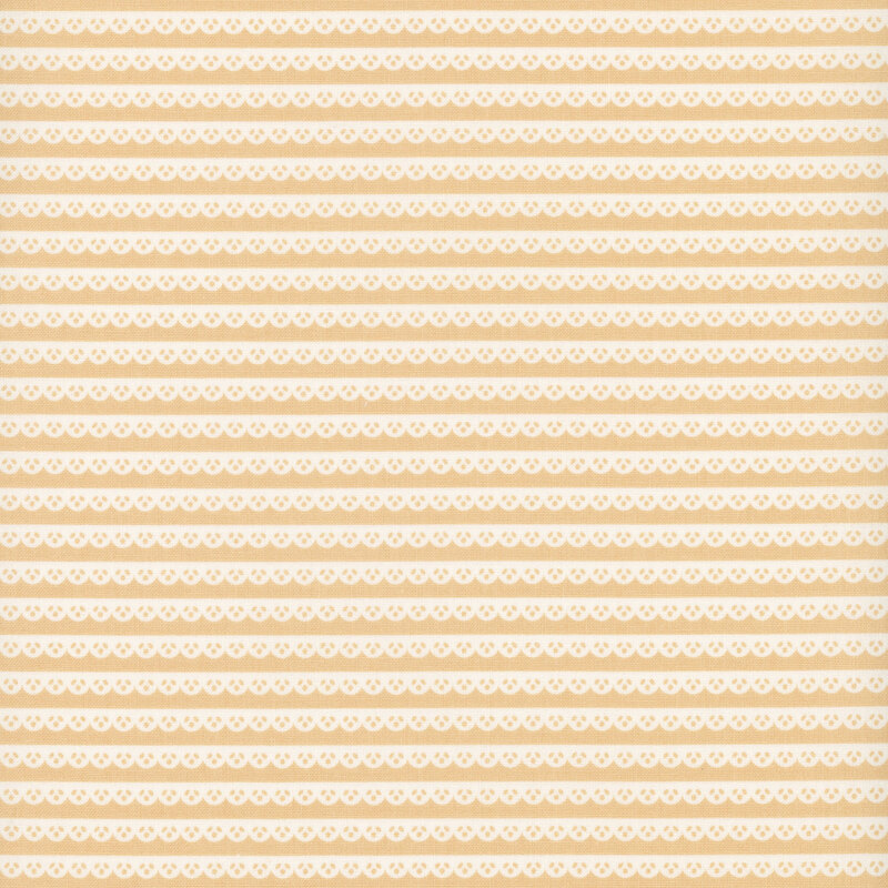 Tan fabric with a pattern of white scallop lace stripes.