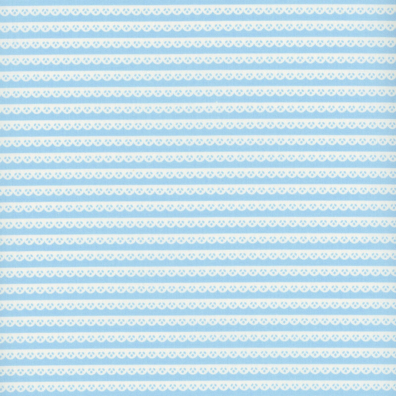 Blue fabric with a pattern of white scallop lace stripes.