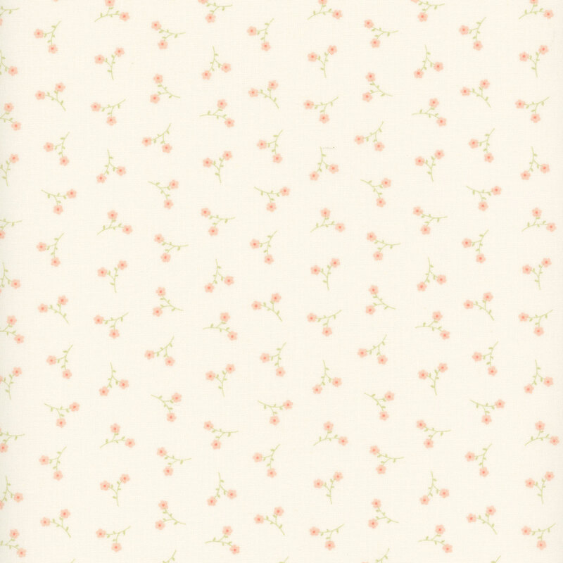 Off-white fabric with a pattern of tossed pink floral sprigs.