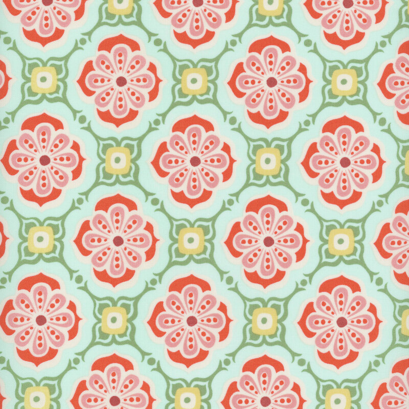 Aqua fabric with a pink and red floral tile pattern with green and yellow accents.