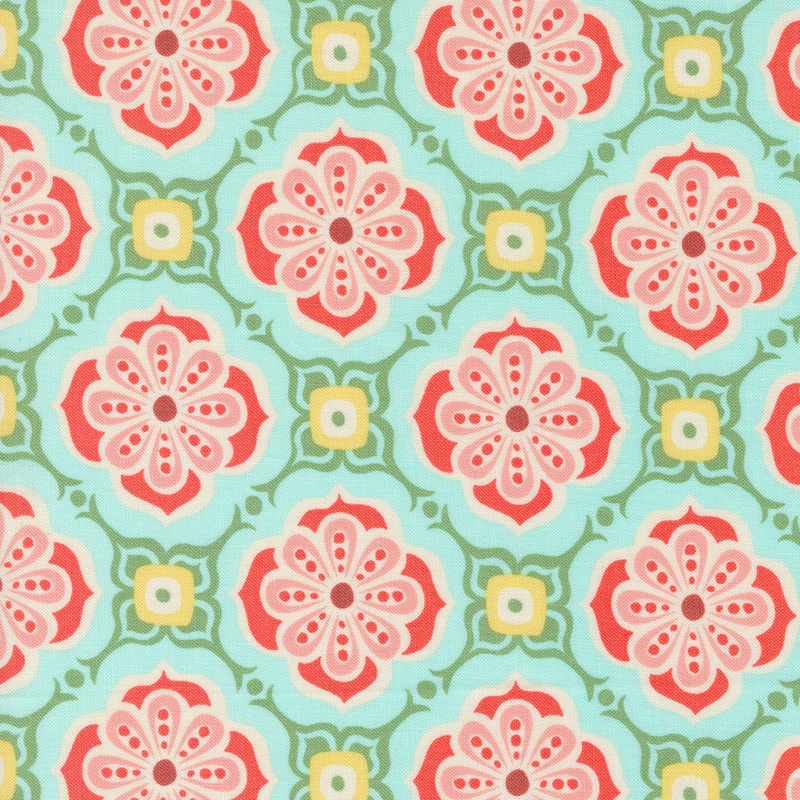 Aqua fabric with a pink and red floral tile pattern with green and yellow accents.