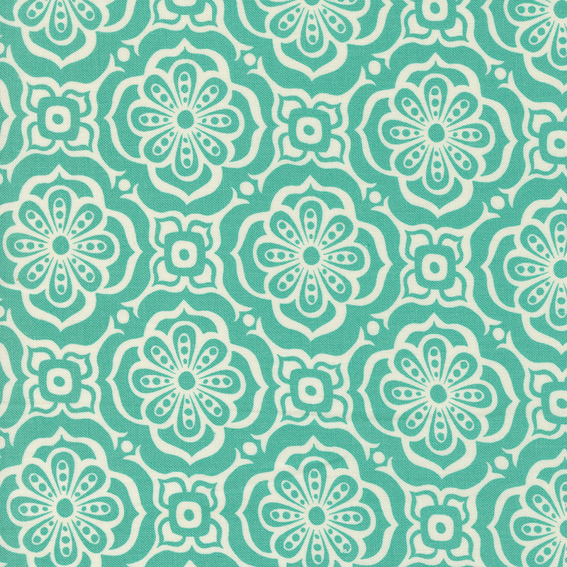 Aqua fabric with a cream-colored floral tile pattern.