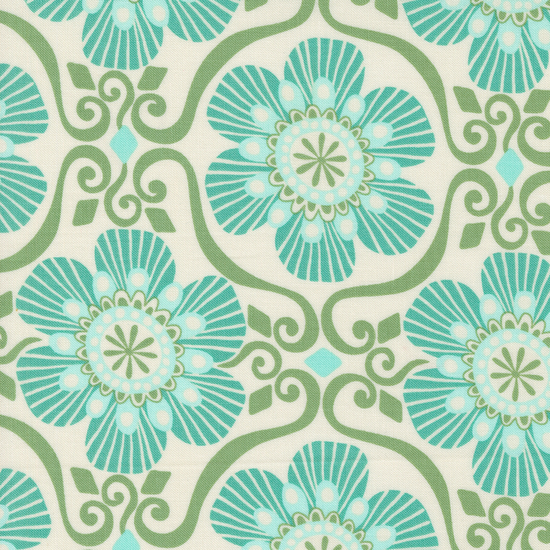 An image of a cream-colored fabric with an aqua and green floral tile pattern.