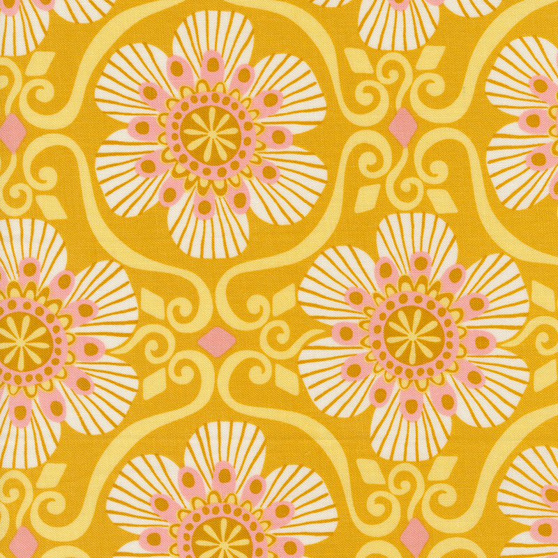 Yellow fabric with a bright pink and white floral tile pattern.