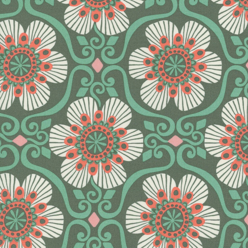 Teal fabric with a salmon and white floral tile pattern.