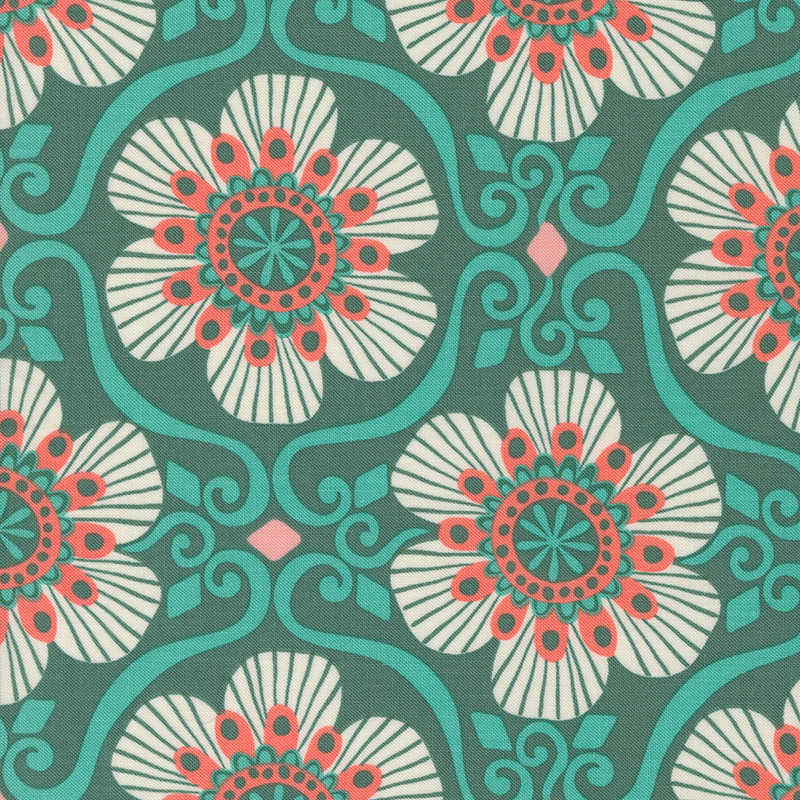 Teal fabric with a lovely salmon and white floral tile pattern.