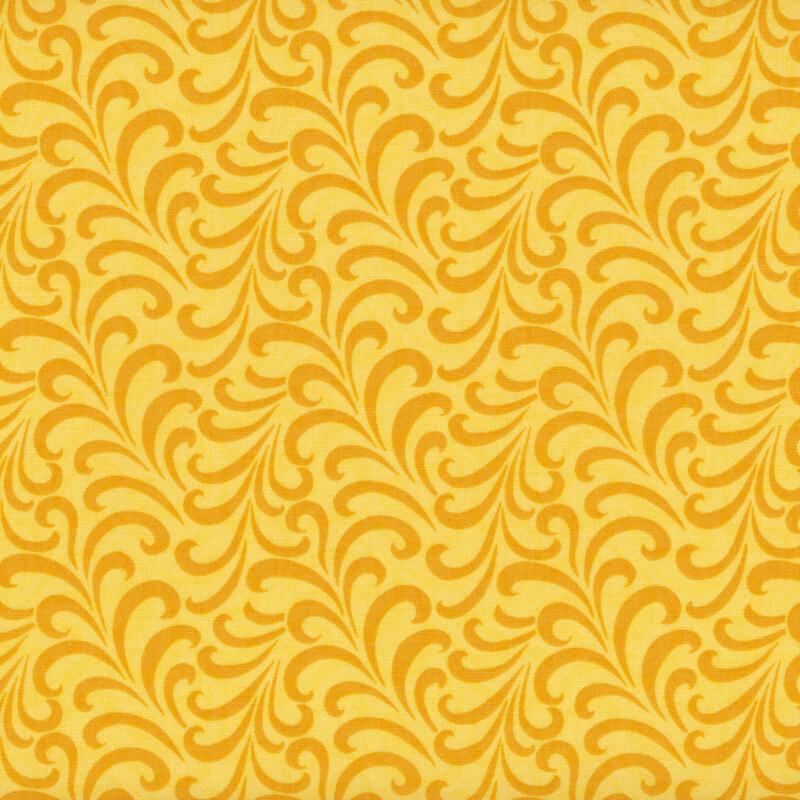 Yellow fabric with an abstract pattern of mustard yellow swirls.