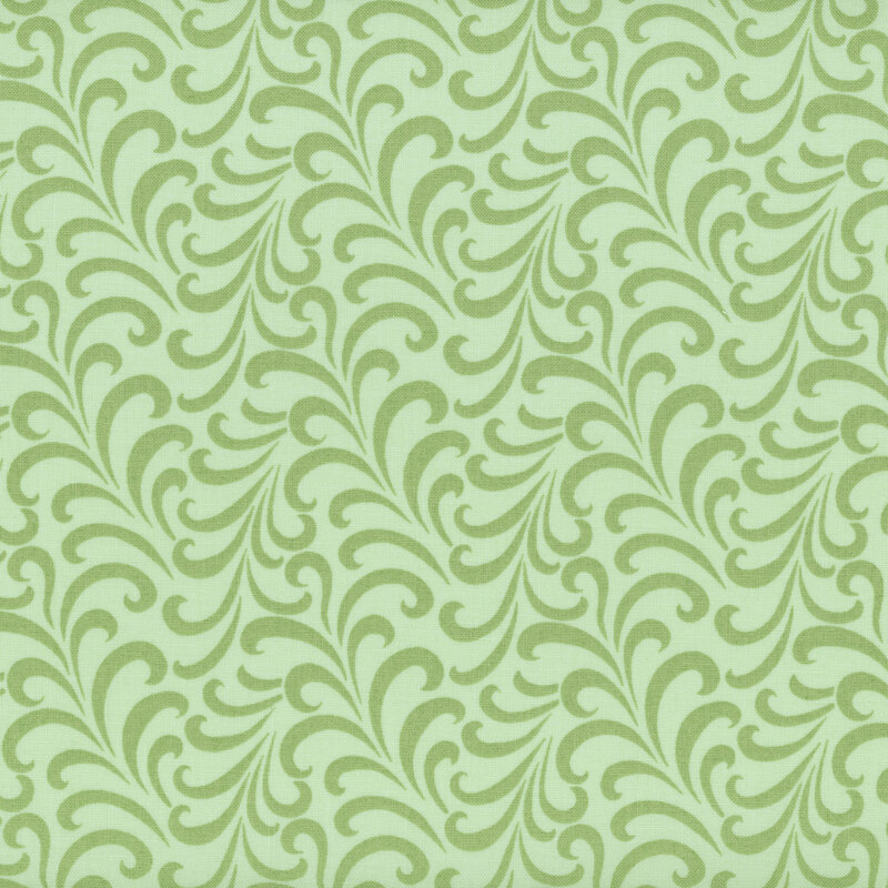 Aqua fabric with an abstract pattern of sage green swirls.