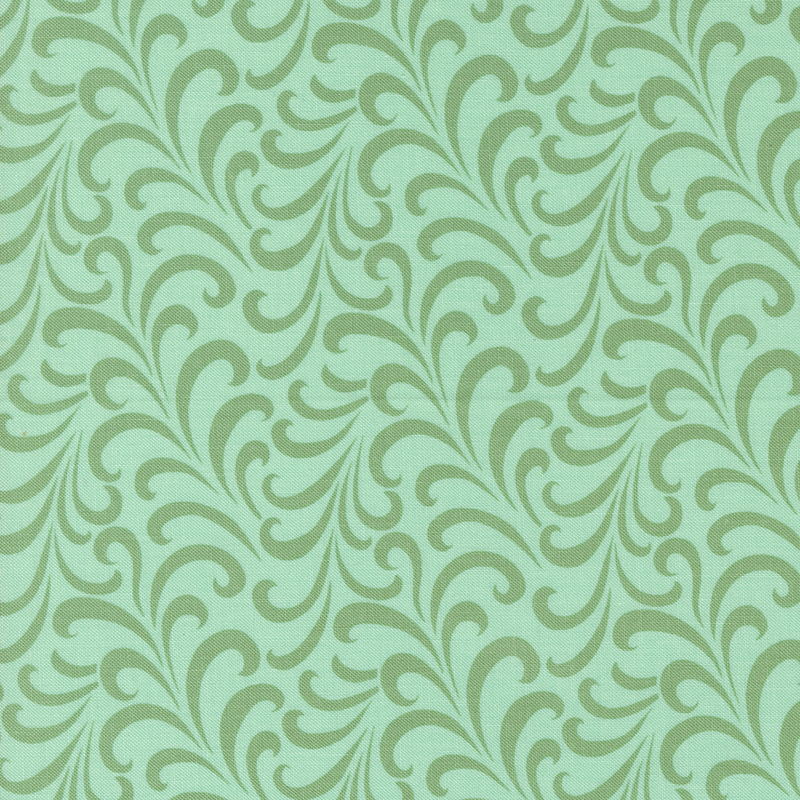 Aqua fabric with an abstract pattern of sage green swirls.