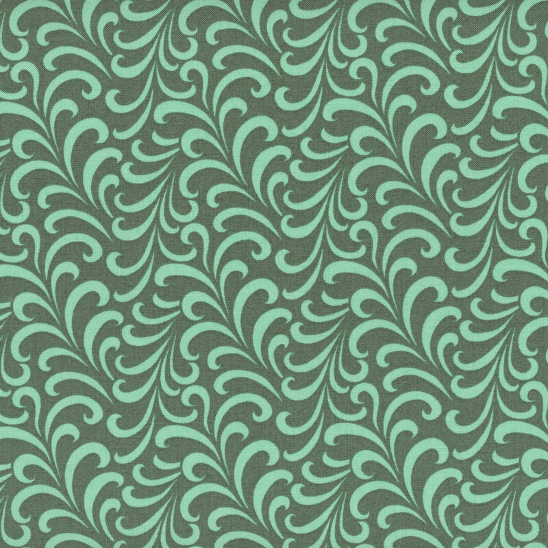 Teal fabric with an abstract pattern of aqua swirls.