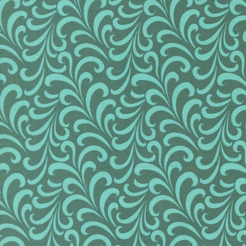 Teal fabric with an abstract pattern of aqua swirls.