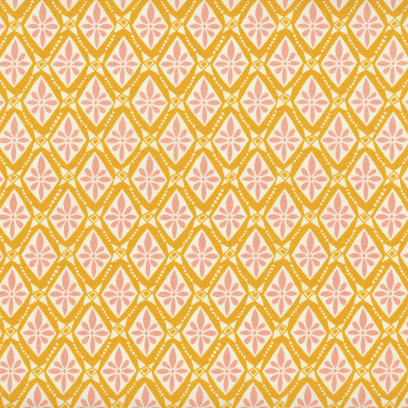 A yellow colored fabric with a pink and cream floral tile pattern.