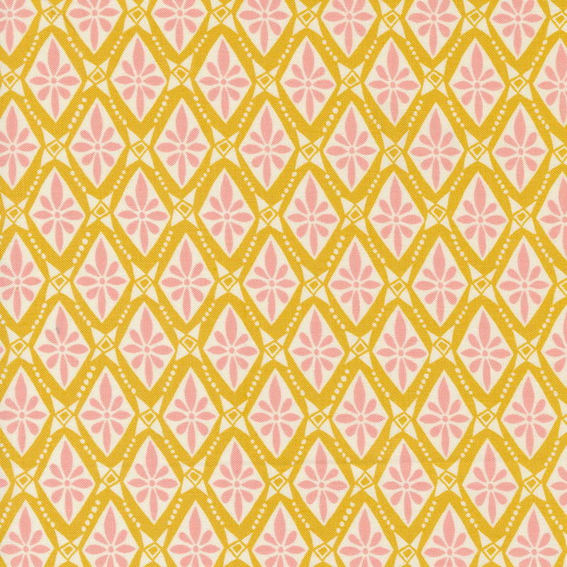 An image of a yellow colored fabric with a pink and cream floral tile pattern.