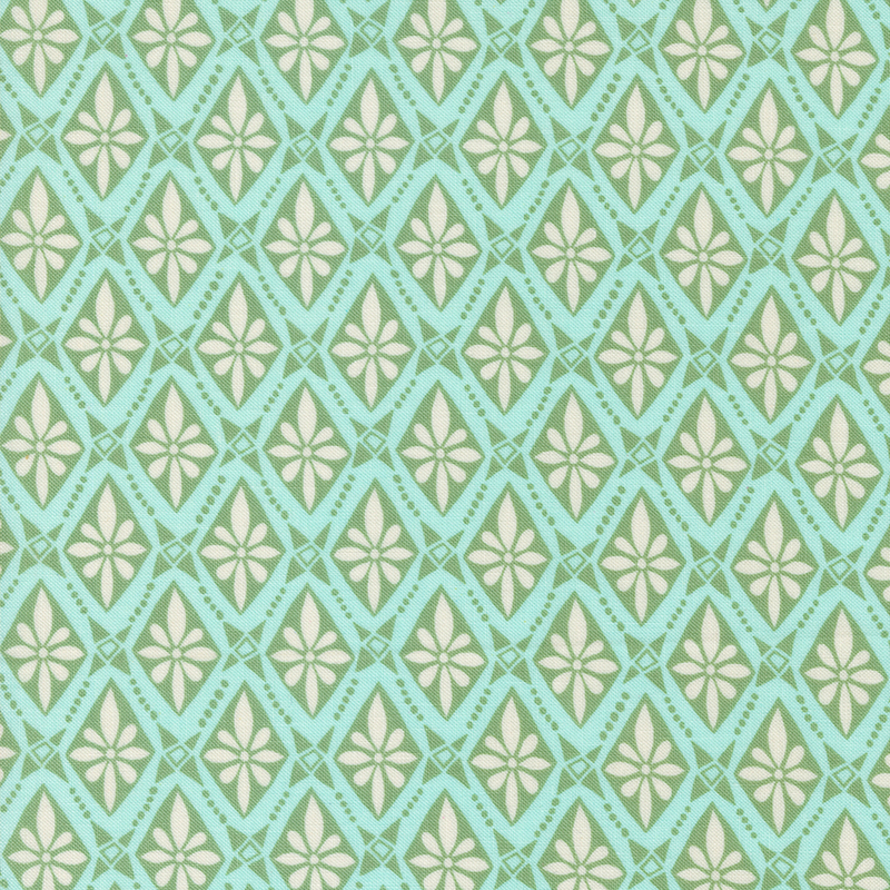 Aqua fabric with a green and cream floral tile pattern.