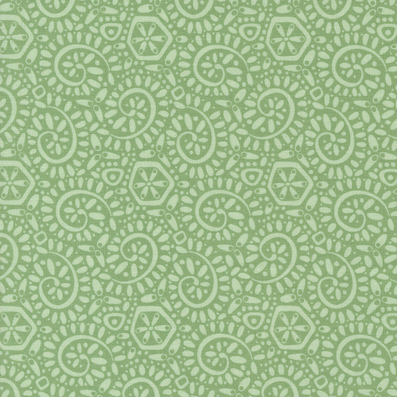 Green fabric with a packed pattern of light sage ammonite swirls and dots.