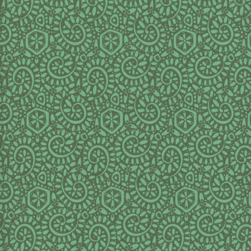 Teal fabric with a packed pattern of turquoise ammonite swirls and dots.