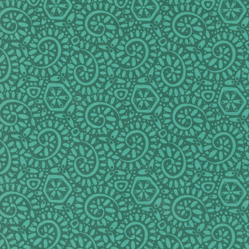 Teal fabric with a packed pattern of turquoise ammonite swirls and dots.