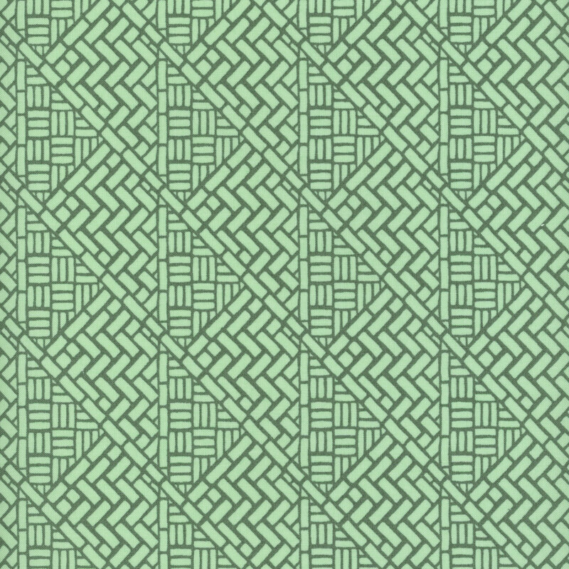 Sage green fabric with a brick wall design in a woven pattern.