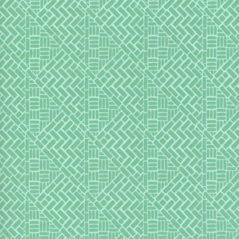Aqua fabric with a brick wall design in a woven pattern.