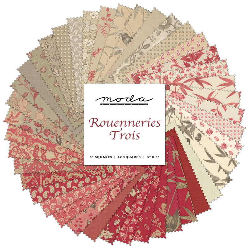 Collage of fabrics in Rouenneries Trois Charm Pack in red, pink, gray, and cream