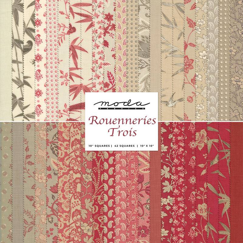 Collage of fabrics in Rouenneries Trois Layer Cake in red, pink, gray, and cream