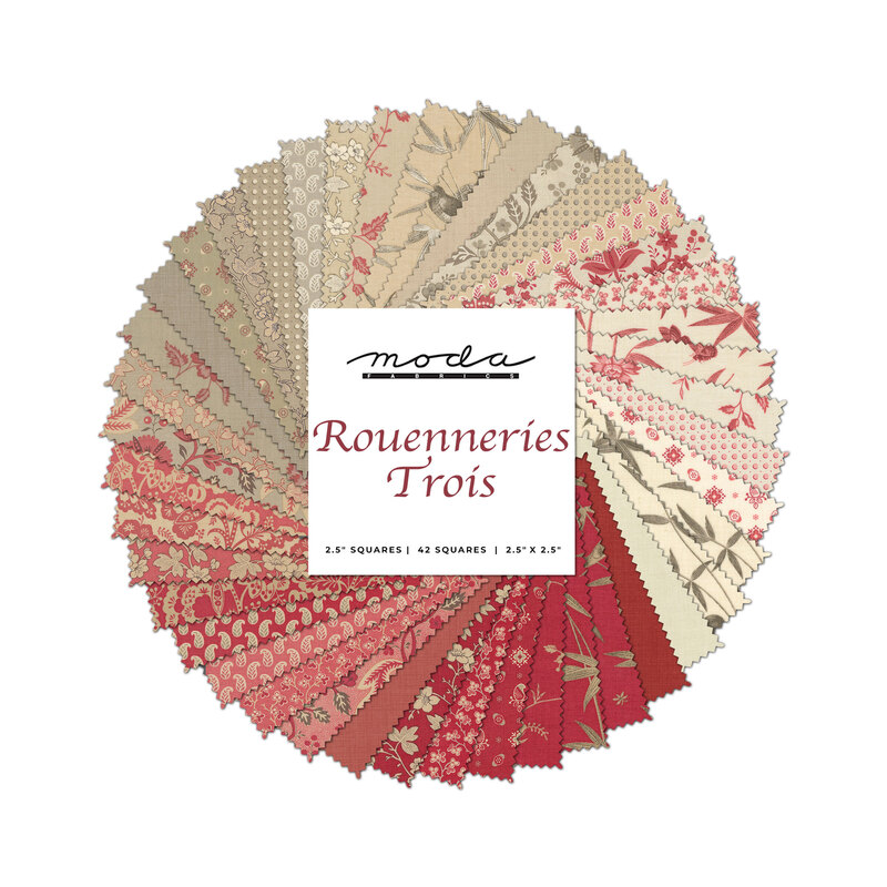Collage of fabrics in Rouenneries Trois Mini Charm Pack in red, pink, gray, and cream