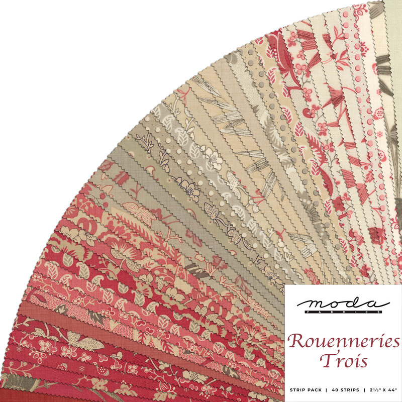 Collage of fabrics in Rouenneries Trois Jelly Roll in red, pink, gray, and cream
