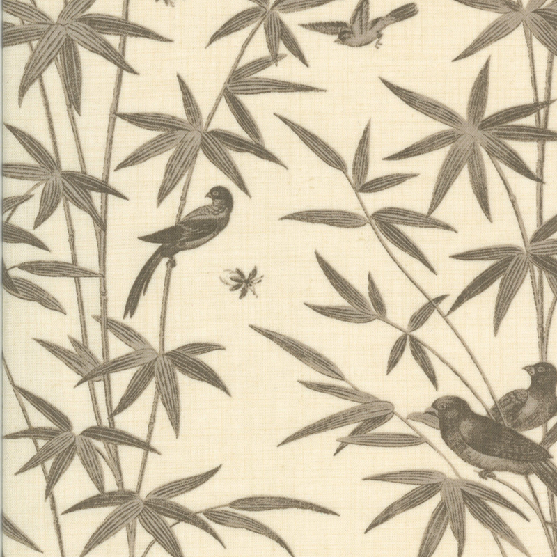 Cream fabric featuring gray colored birds and bamboo shoots