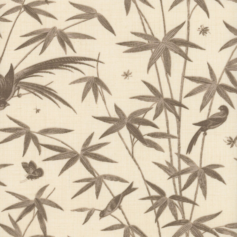 Cream fabric featuring gray colored birds and bamboo shoots