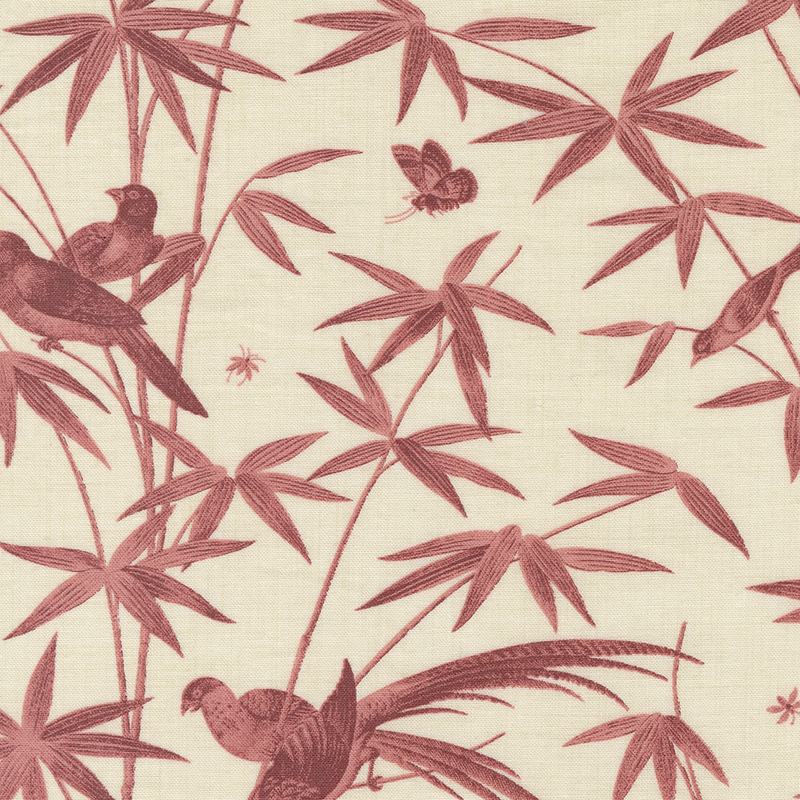 Cream fabric featuring red colored birds and bamboo shoots