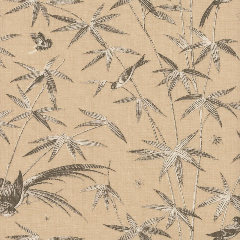 dark cream fabric featuring black and white colored birds and bamboo shoots