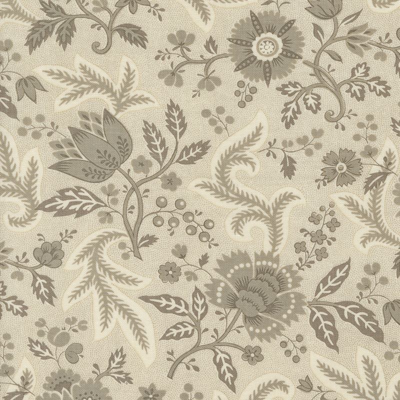 light gray fabric featuring a gray floral design with leaves and vines