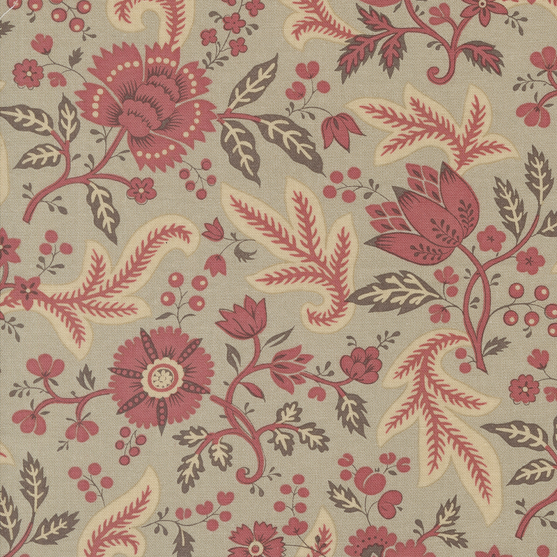 gray fabric featuring a pink and dark gray floral design with leaves and vines