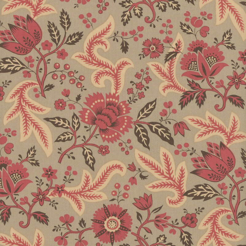 gray fabric featuring a pink and dark gray floral design with leaves and vines