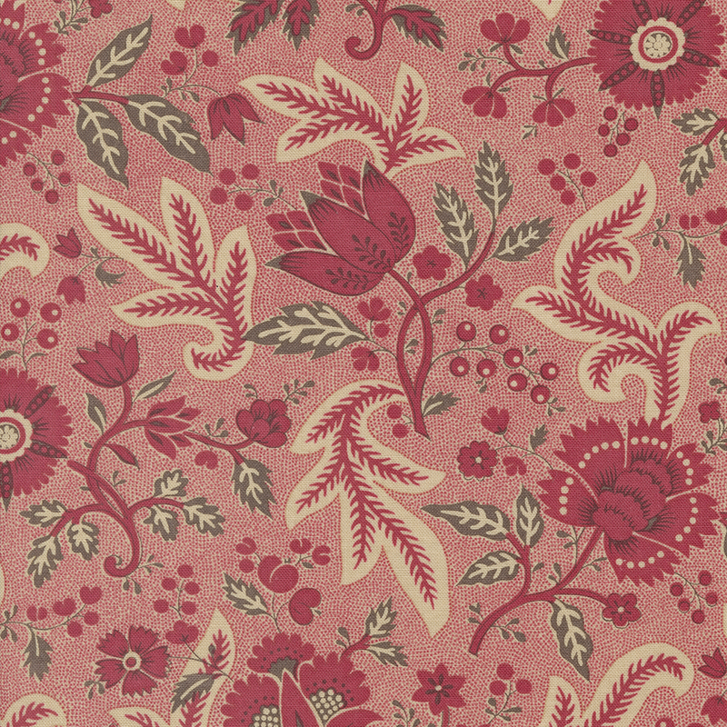 pink fabric featuring a dark pink and gray floral design with leaves and vines