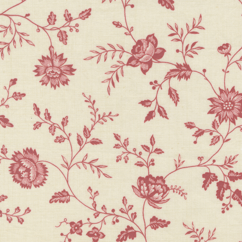 Cream fabric featuring vines of pink flowers