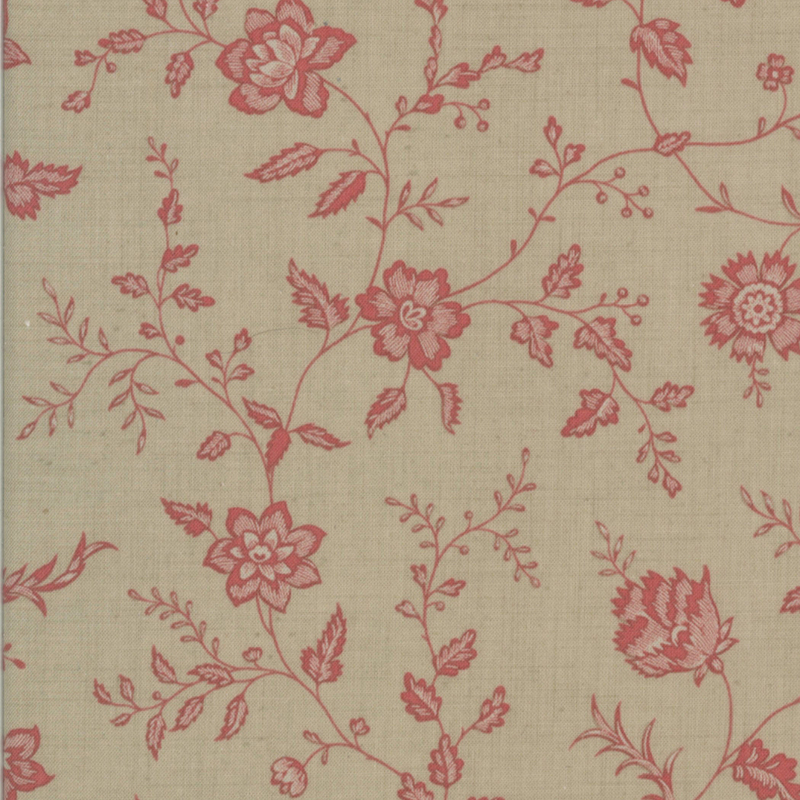 Gray fabric featuring vines of pink flowers