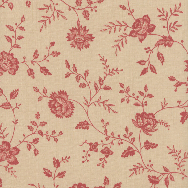 Dark cream fabric featuring vines of pink flowers