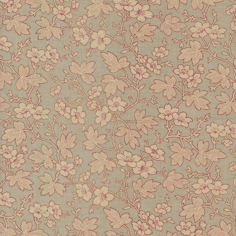 Gray fabric featuring cream leaves and flowers outlined in pink