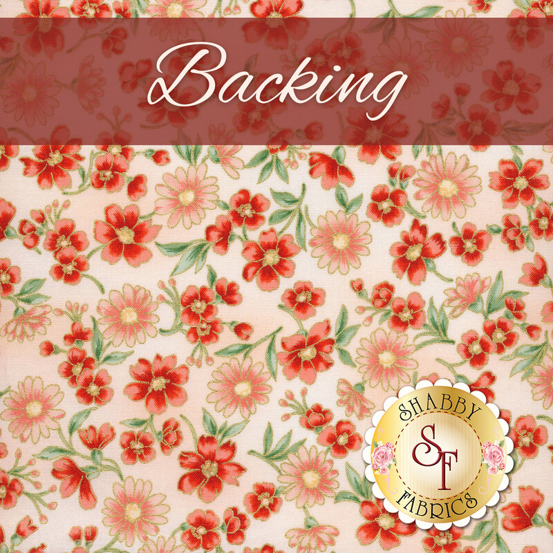 A very light pink fabric with tossed pink daisies, red poppies, and green leaves, with metallic accents. A red banner at the top reads 