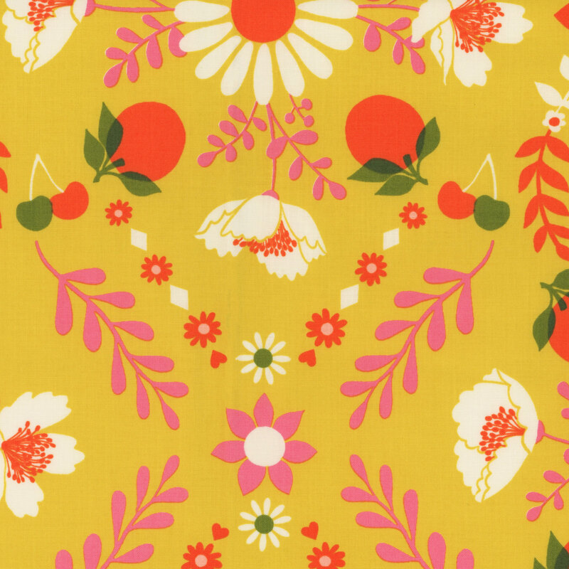 A bright yellow retro-style fabric featuring a repeated floral design with orange fruits, white flowers, pink stems, and tossed fruits throughout