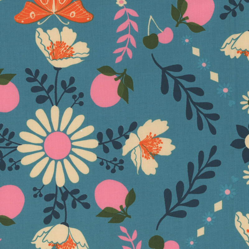 A medium blue retro-style fabric featuring a repeated floral design with pink fruits, cream flowers, and navy stems