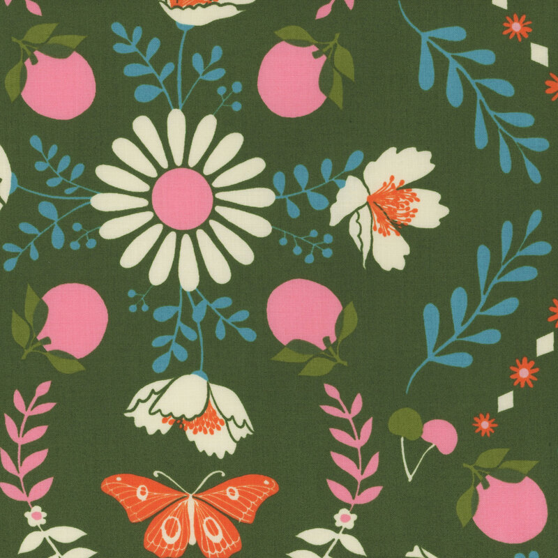 A forest green retro-style fabric featuring a repeated floral design with pink fruits, cream flowers, and blue stems