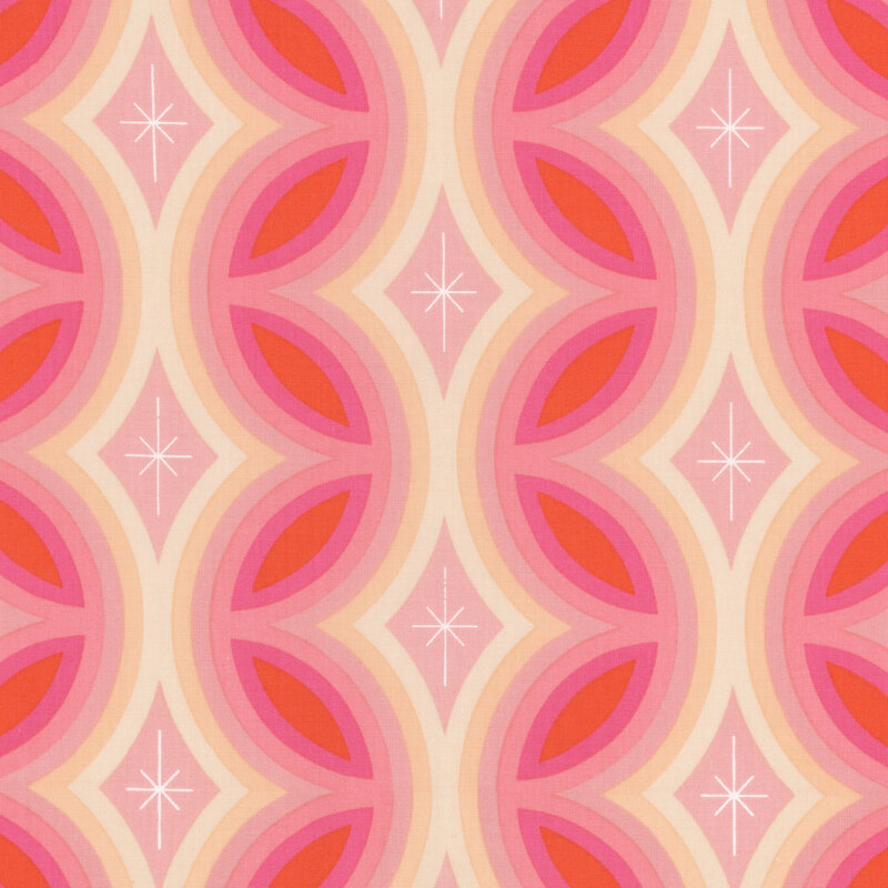 Bright pink geometric fabric featuring twinkling stars surrounded by striped connecting diamonds