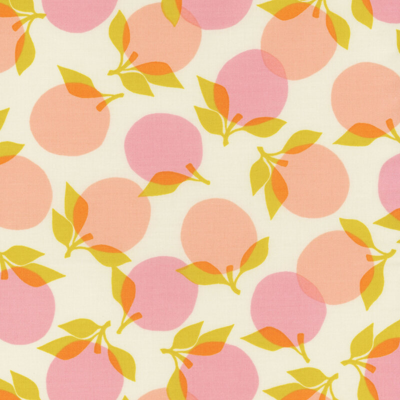 Fabric with large pink retro peaches tossed on an eggshell background