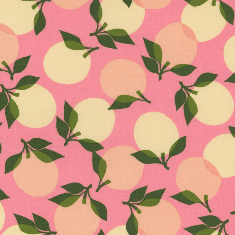 Fabric with large cream retro peaches tossed on a bright pink background