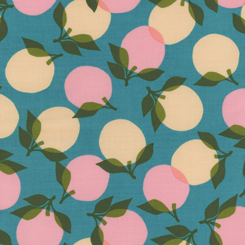 Fabric with light cream and peach retro peaches tossed on a dark turquoise background