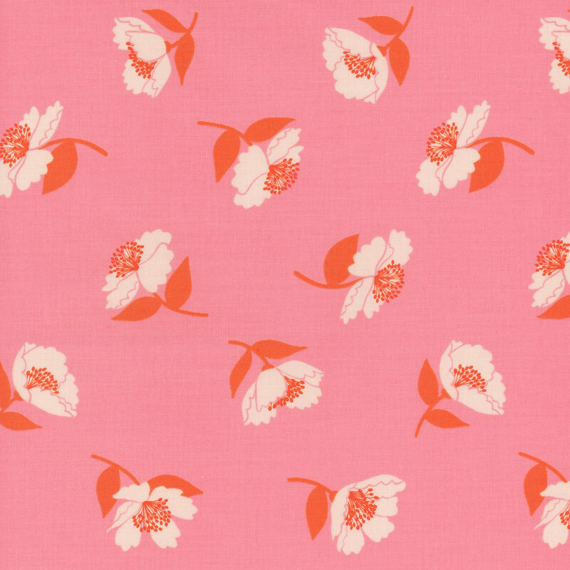 Retro fabric featuring white and dark orange florals tossed against a bright pink background