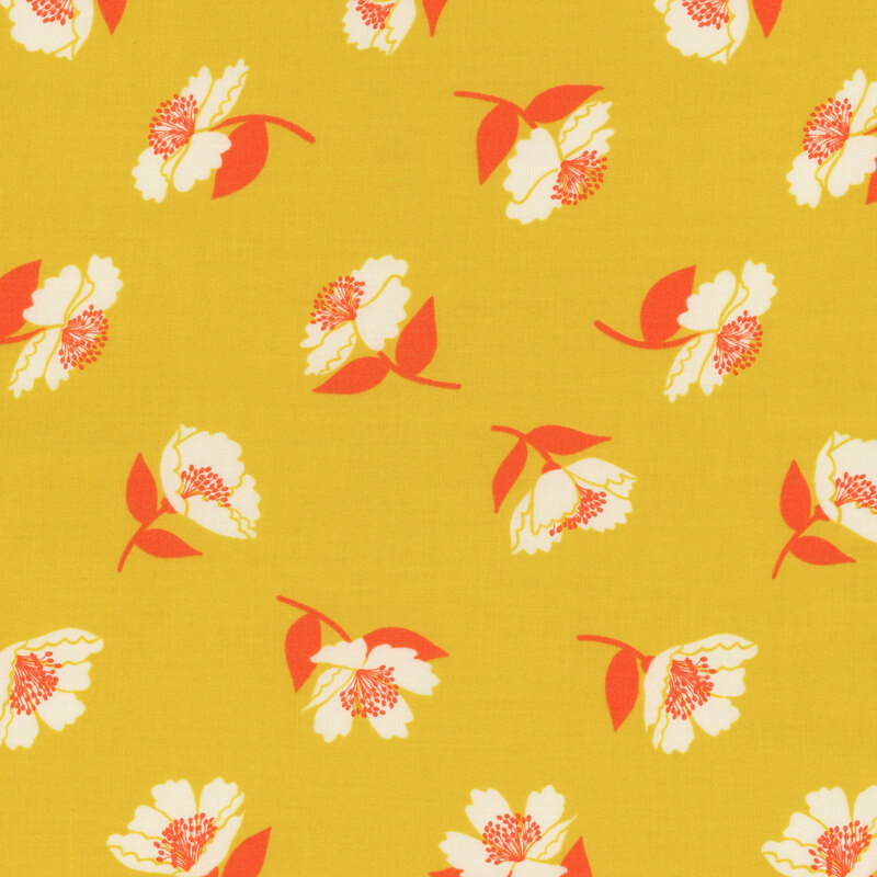 Retro fabric featuring white and dark orange florals tossed against a bright yellow background