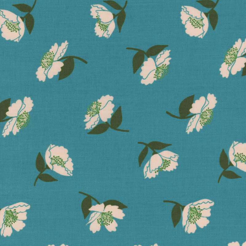 Retro fabric featuring white and dark green florals tossed against a dark turquoise background
